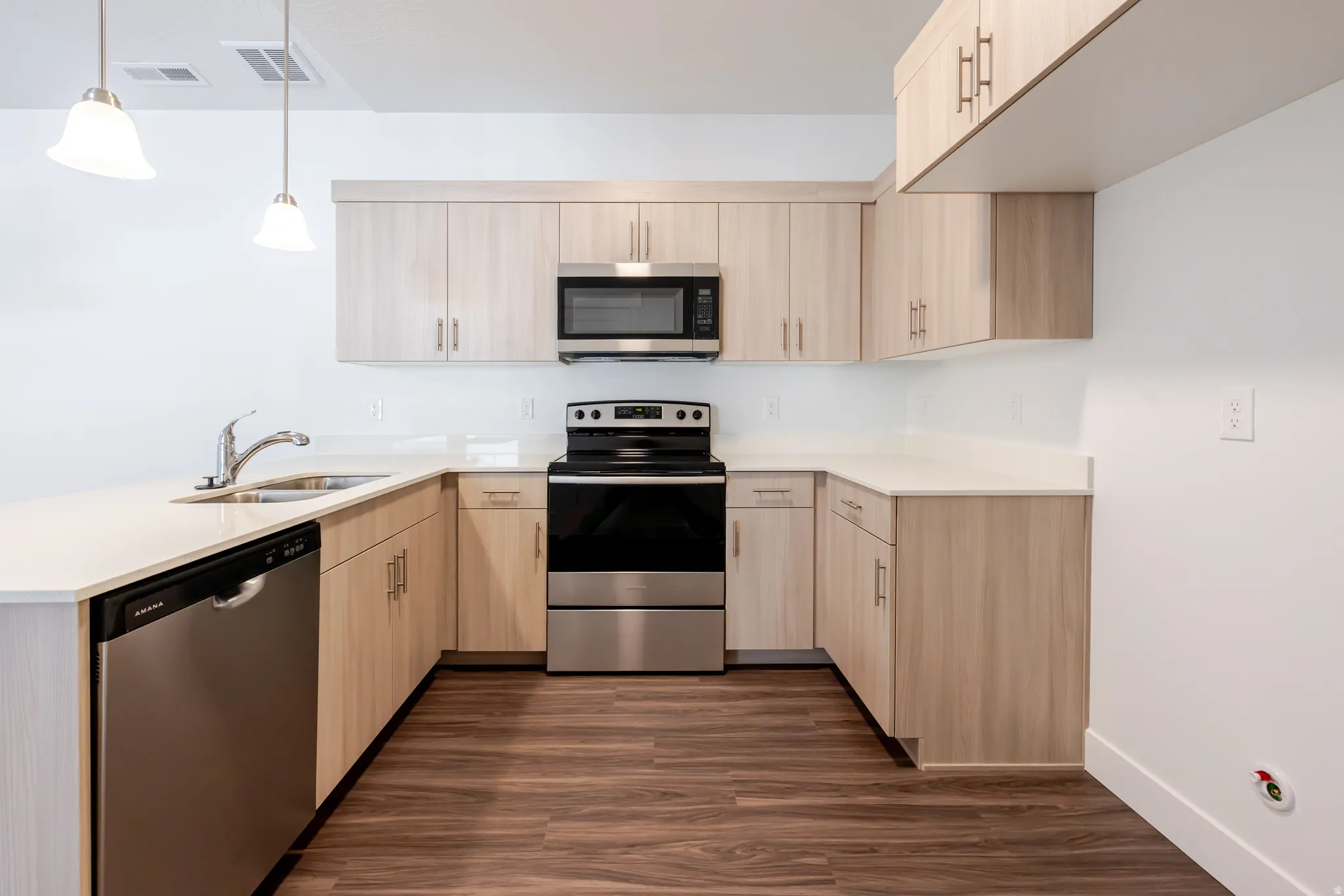 Kitchen with stainless steel appliances, a peninsula, light wood finish cabinets, dark wood-style flooring, and pendant lighting