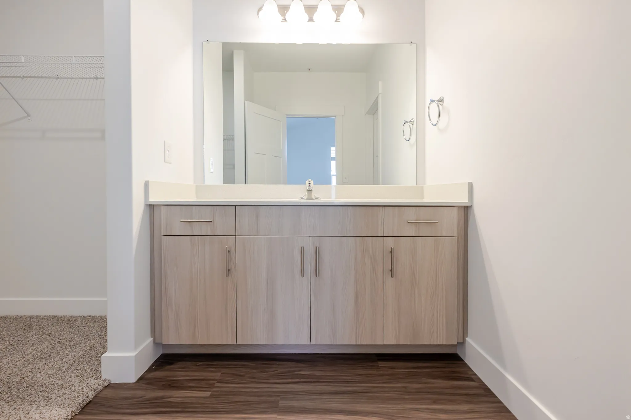 Bathroom with vanity, dark wood finished floors, and a spacious closet