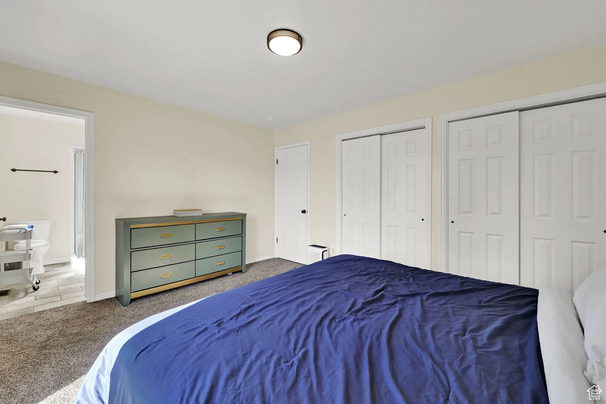 Bedroom featuring carpet, two closets, and ensuite bath