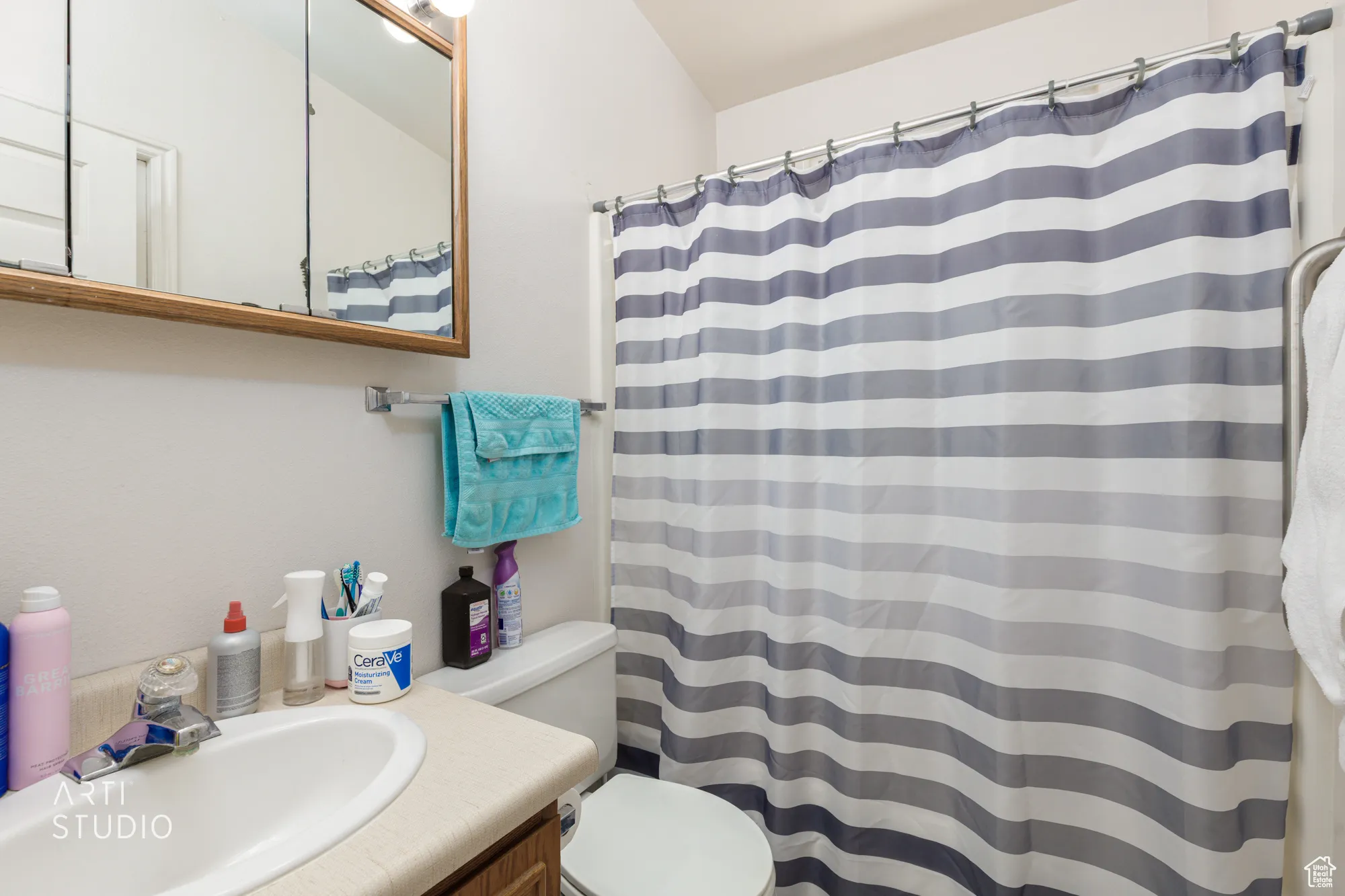 Full bath featuring vanity and a shower with curtain