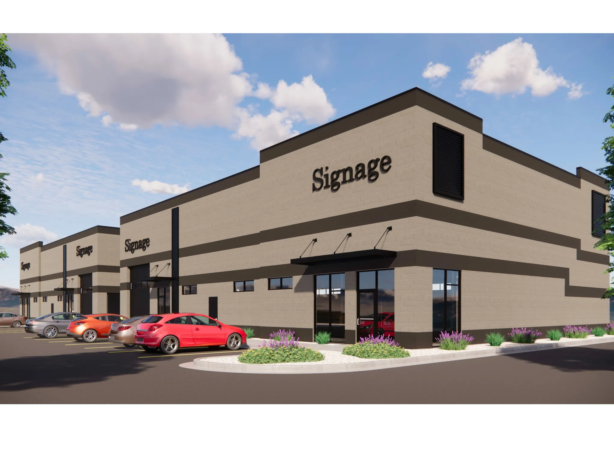 Commercial building exterior featuring a light brown brick facade with dark brown accents