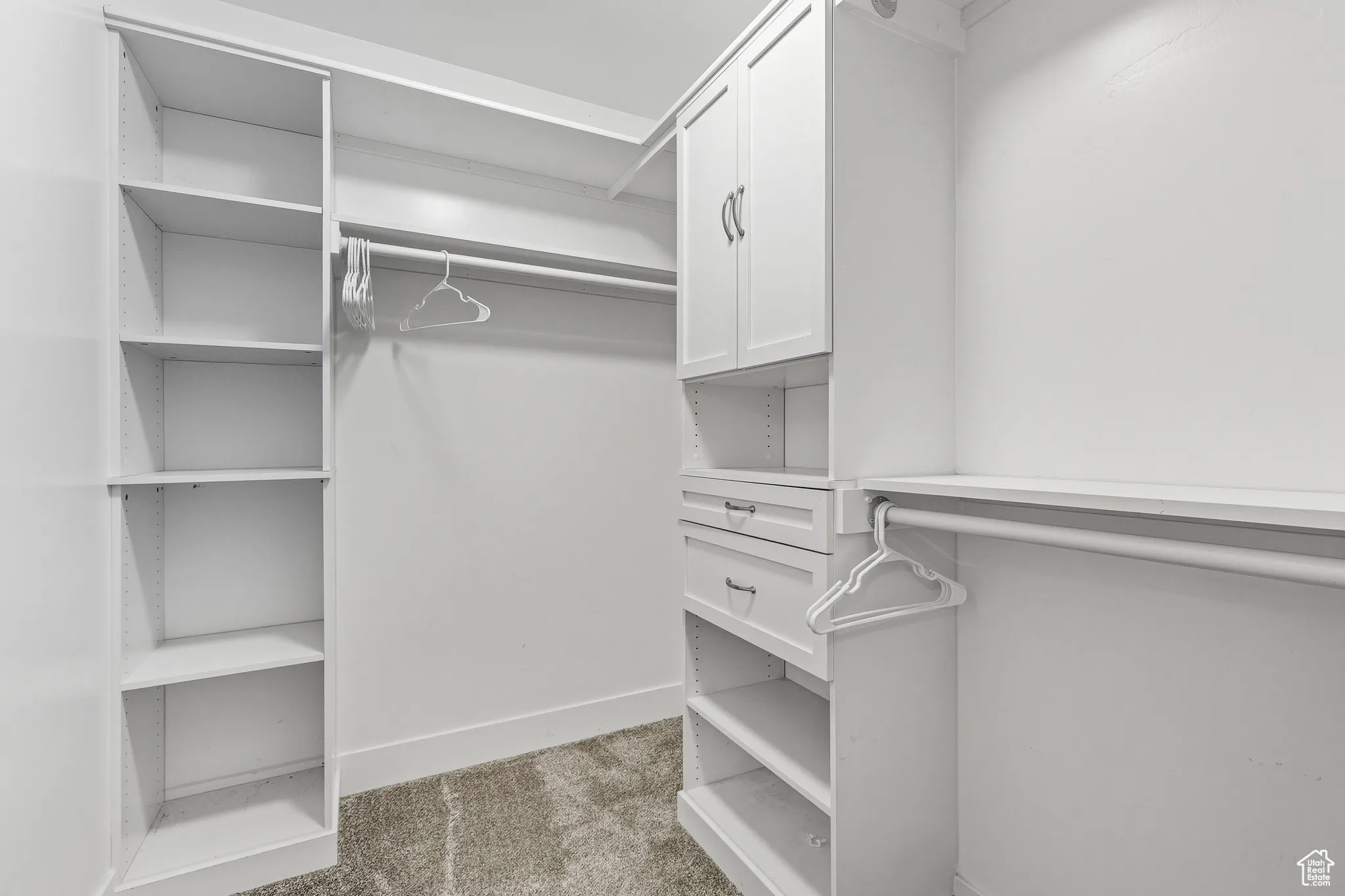 Spacious closet with light carpet