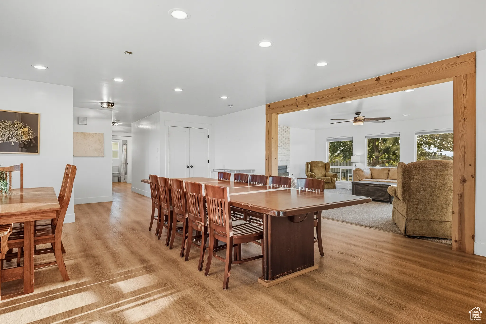 Dining room featuring recessed lighting, light wood-type flooring, and ceiling fan