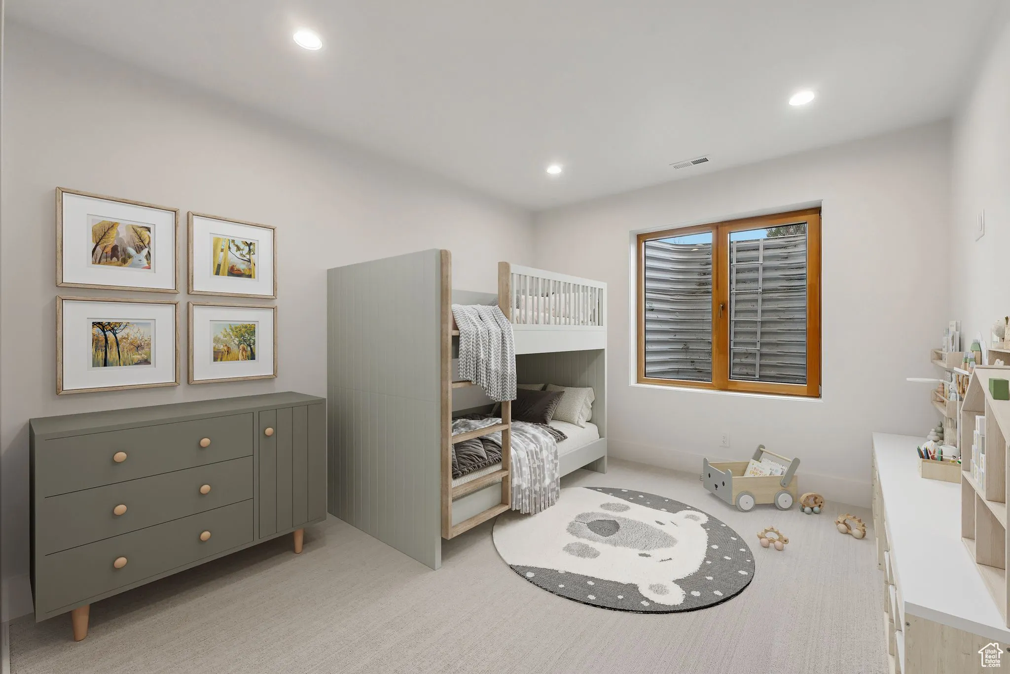 Bedroom with recessed lighting and light colored carpet