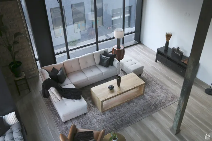 Living area with wood finished floors