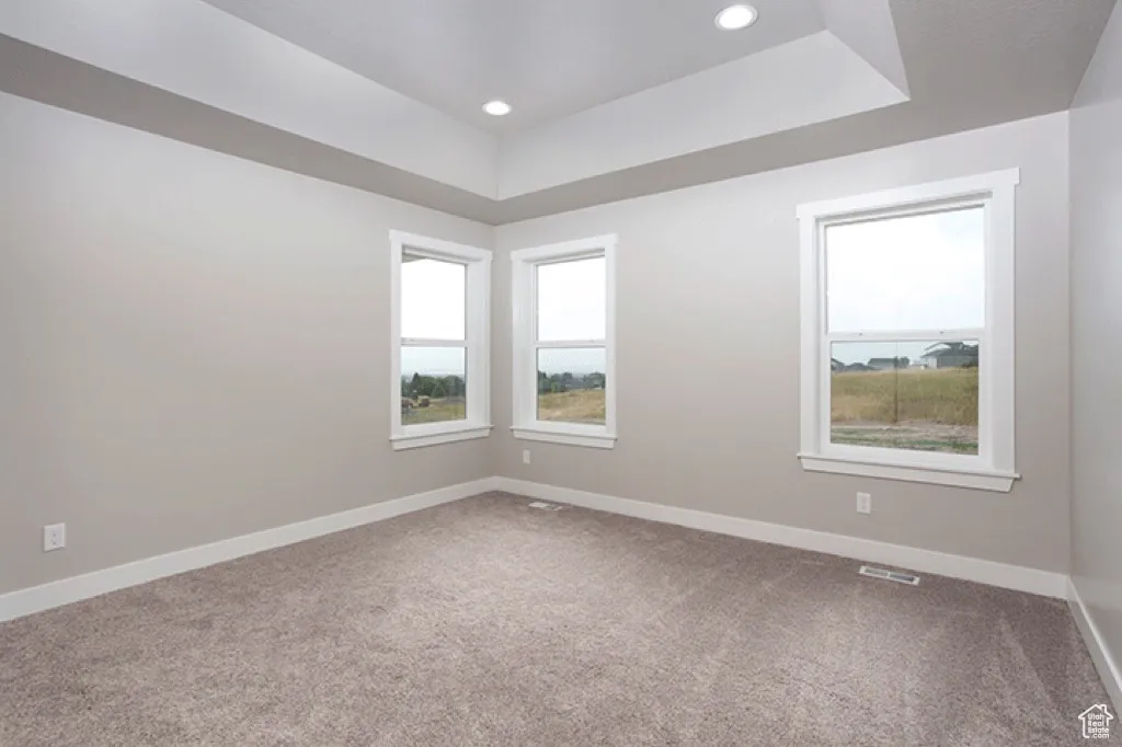 Empty room with light colored carpet, a raised ceiling, and recessed lighting