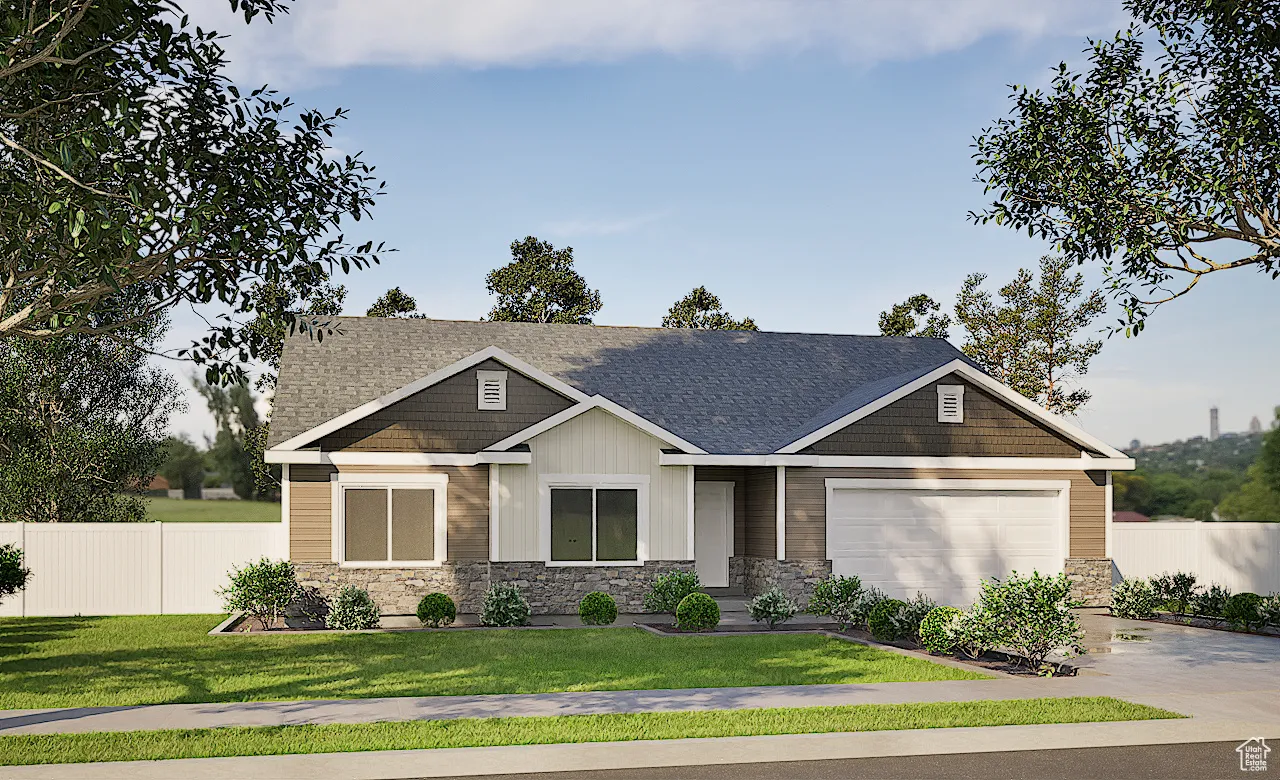 Craftsman-style house featuring stone siding, driveway, a garage, and a shingled roof