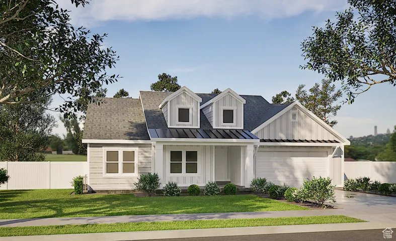 View of front of house featuring board and batten siding, a porch, driveway, a metal roof, and a shingled roof