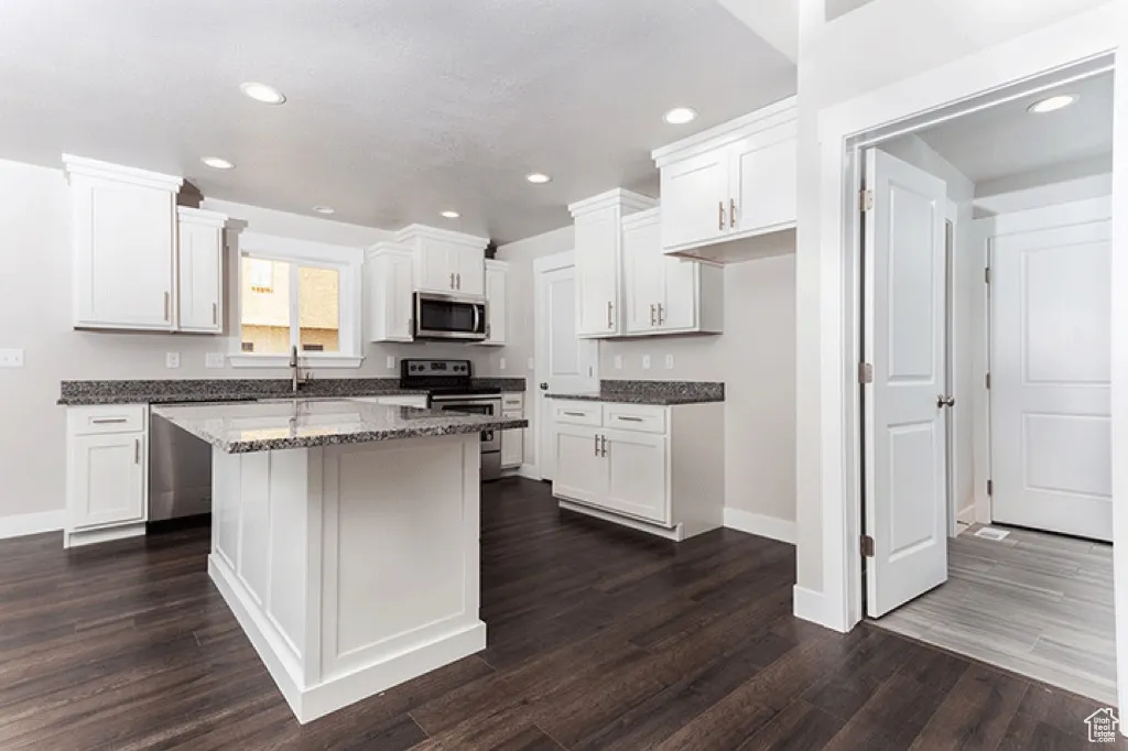 Kitchen featuring stainless steel appliances, dark stone counters, white cabinetry, recessed lighting, and dark wood-style floors