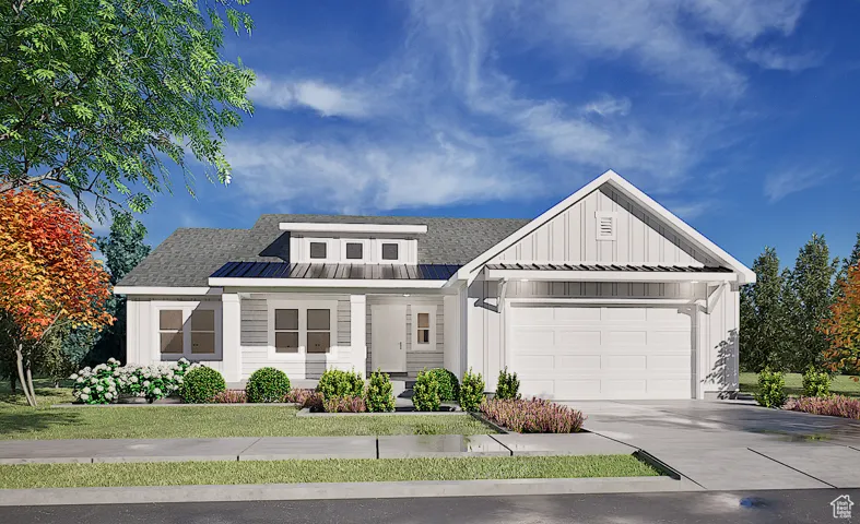 Modern farmhouse with board and batten siding, roof with shingles, concrete driveway, and an attached garage