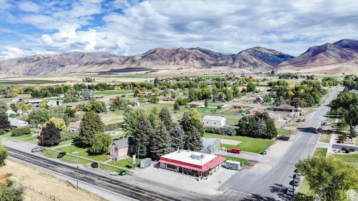 Bird's eye view of a mountainous background