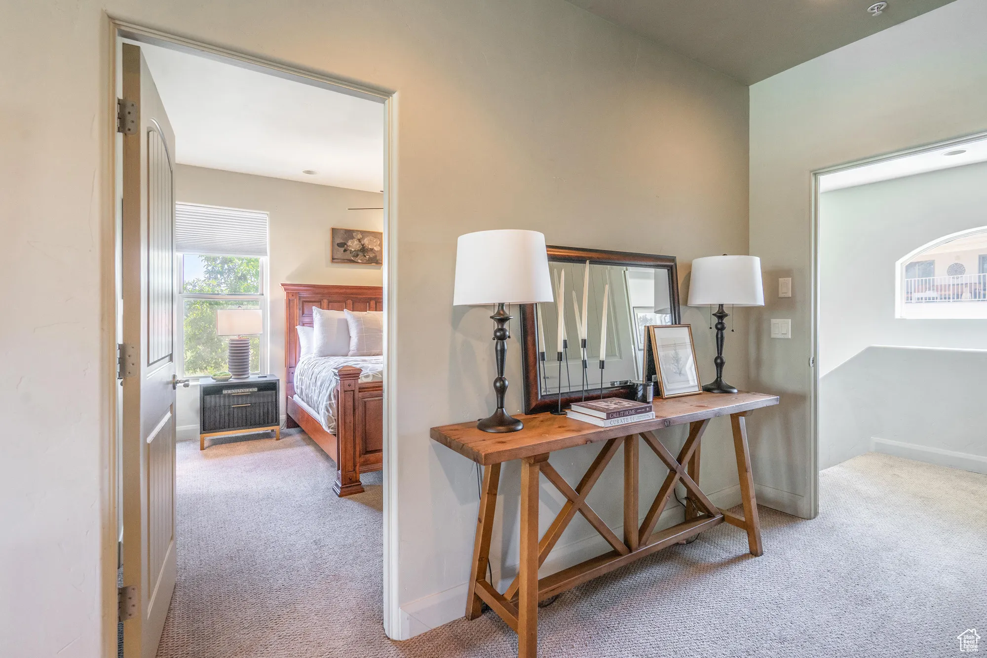 Office area featuring light colored carpet