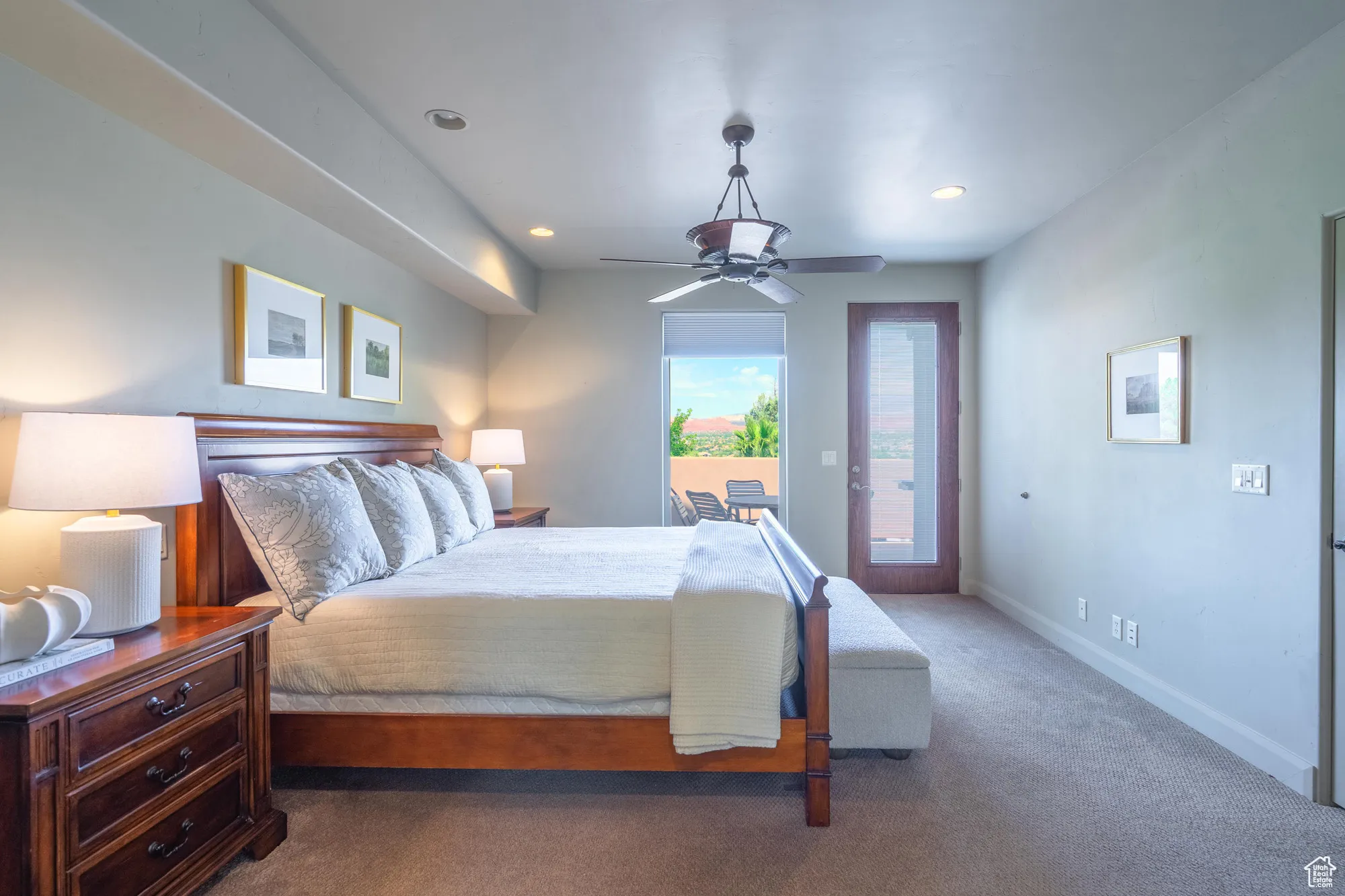 Carpeted bedroom with access to exterior, recessed lighting, and ceiling fan
