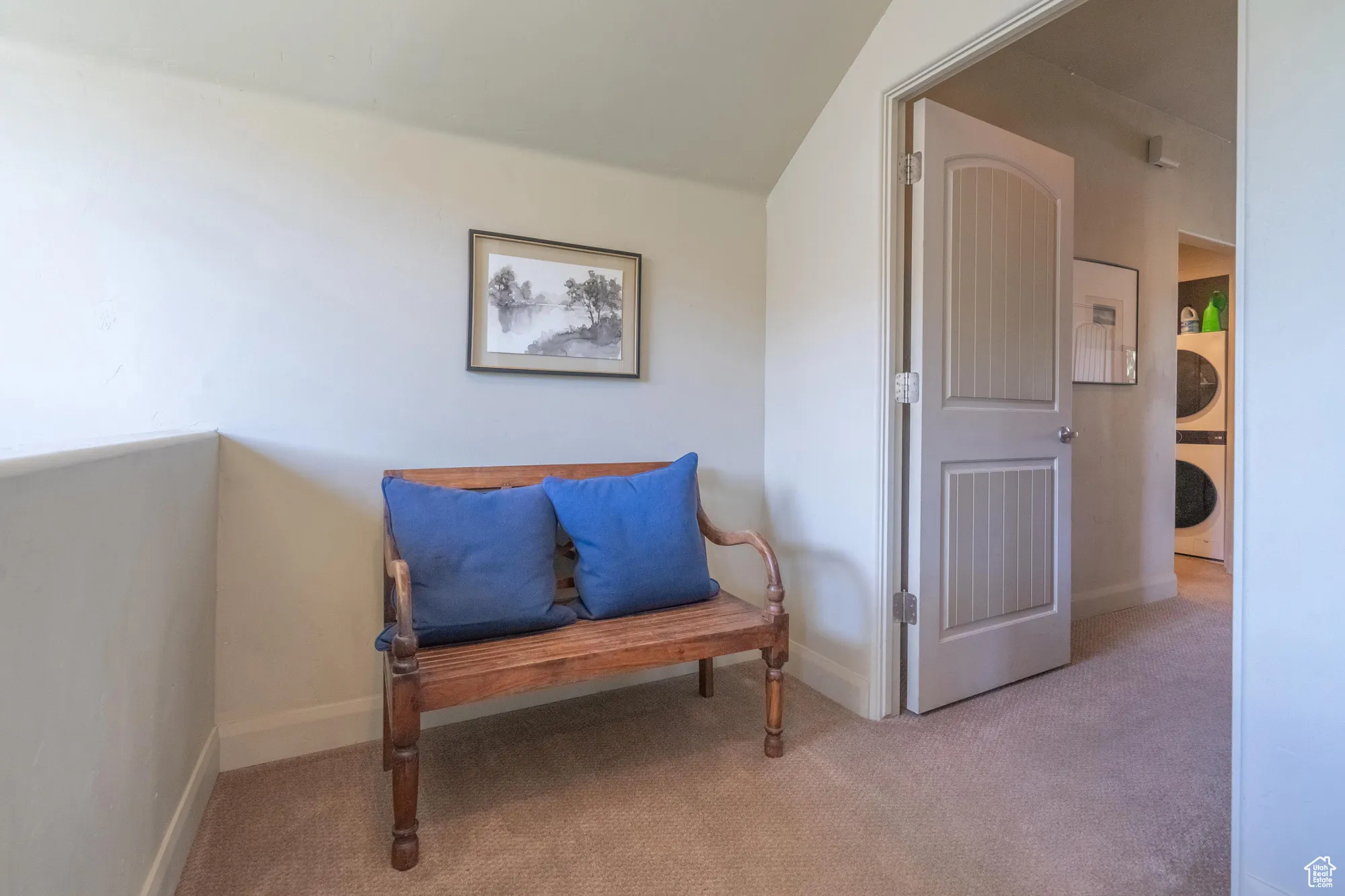 Living area with carpet flooring and stacked washer and clothes dryer