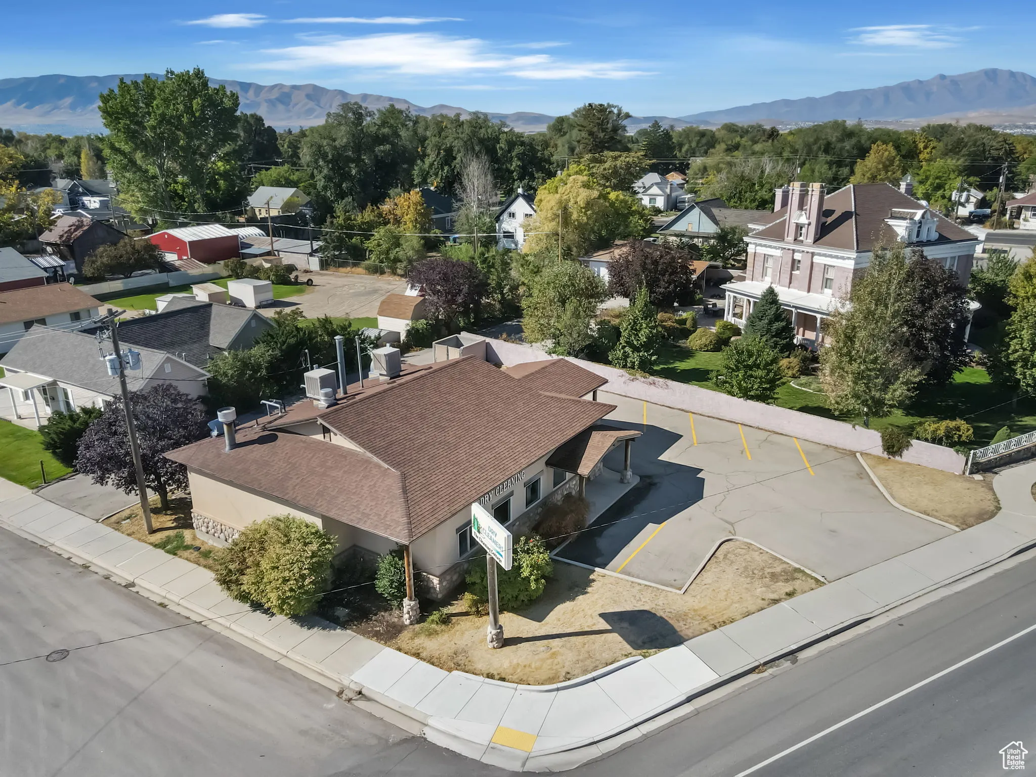 Aerial view of residential area with mountains