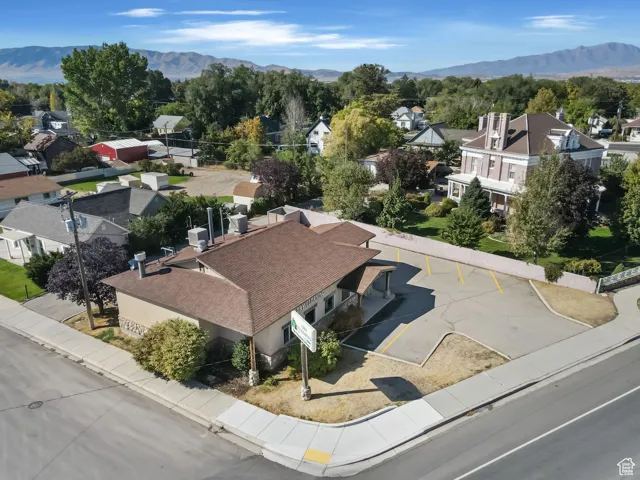 Aerial view of residential area with mountains