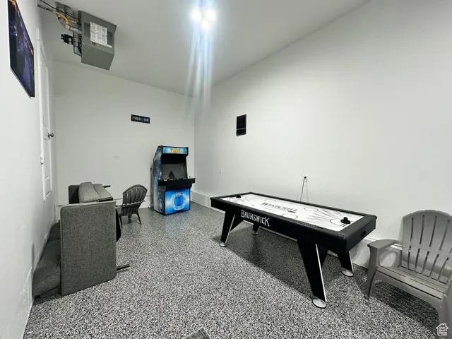 Game room with speckled floor
