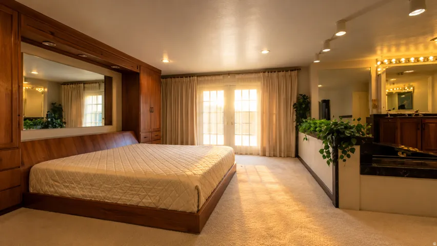 Wood-finish built-in headboard and cabinetry with an integrated mirror