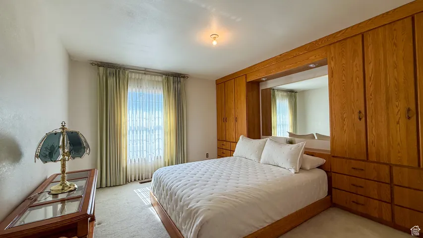 Bedroom featuring light colored carpet