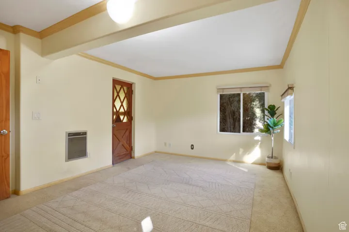 Carpeted spare room featuring ornamental molding and heating unit