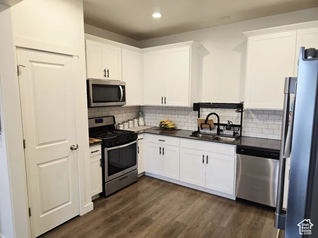 Kitchen with appliances with stainless steel finishes, white cabinets, dark wood-style floors, and recessed lighting