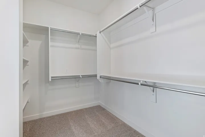 Walk in closet featuring light colored carpet