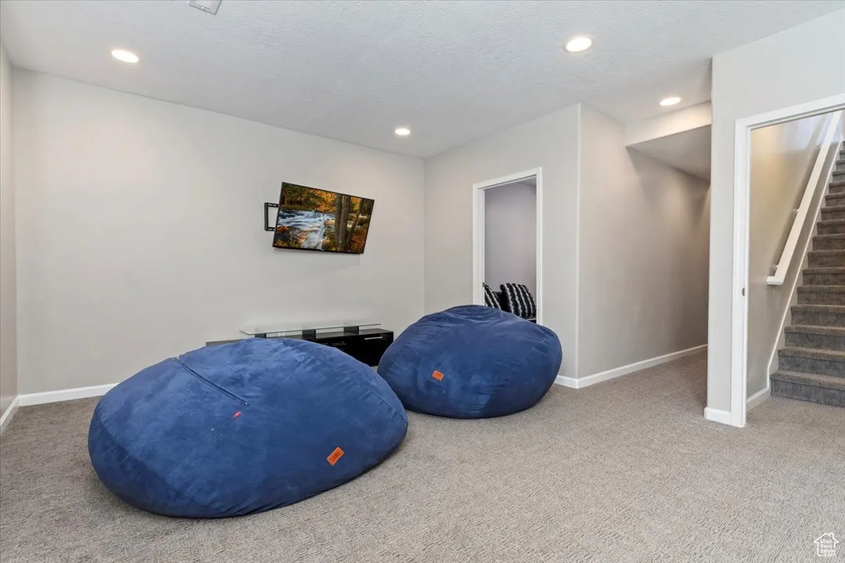 Recreation room featuring carpet floors, recessed lighting, and a textured ceiling