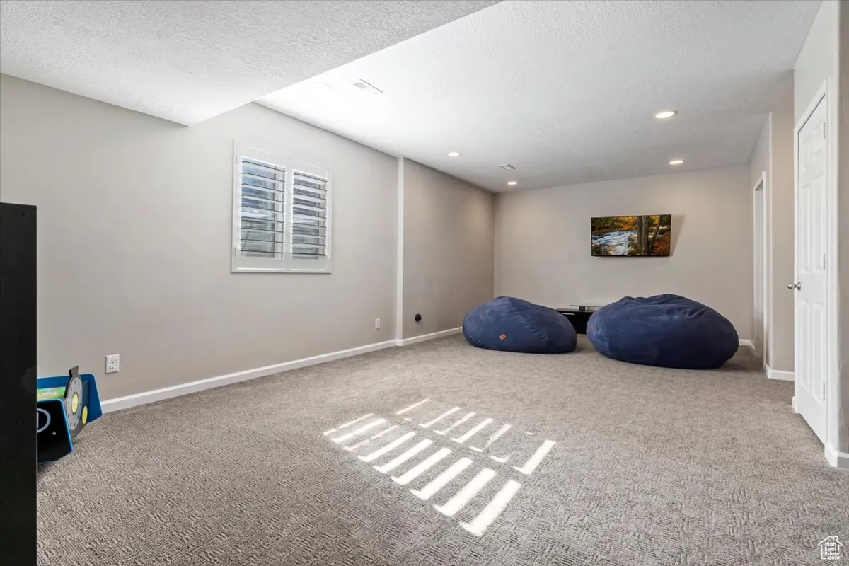 Rec room featuring carpet floors, a textured ceiling, and recessed lighting