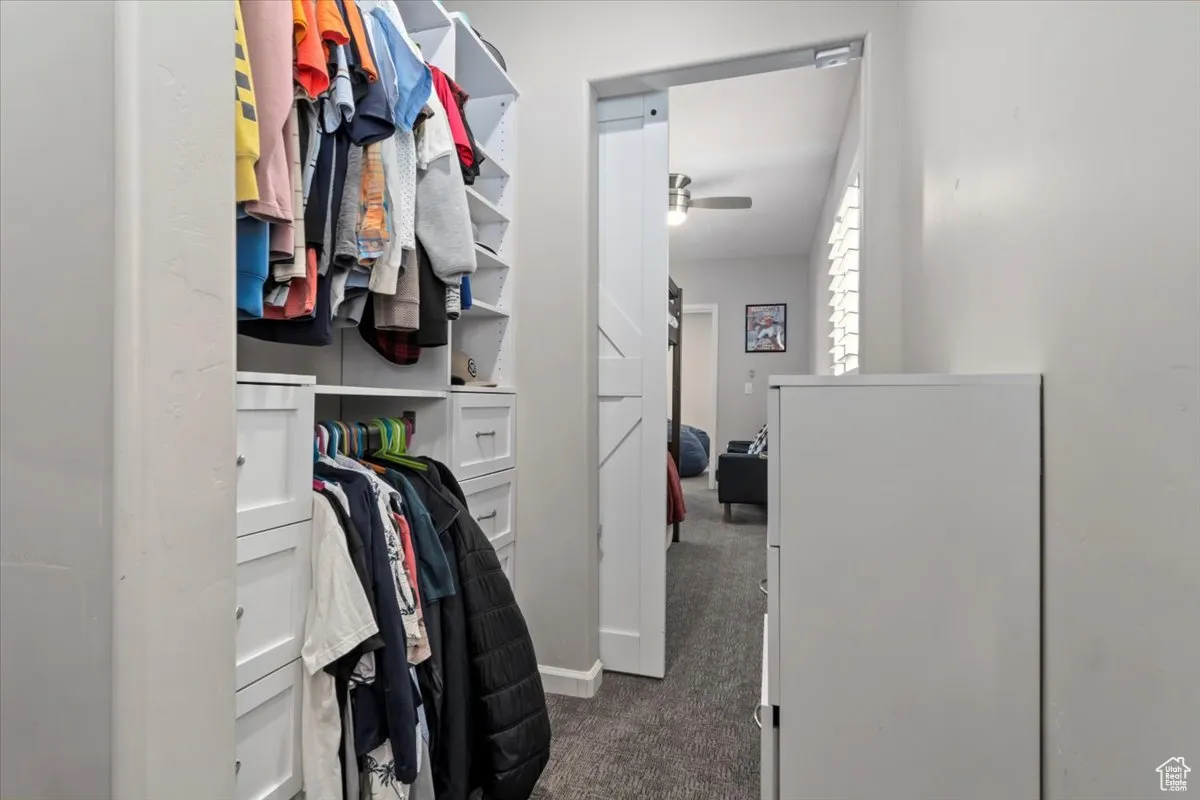 Spacious closet with dark colored carpet