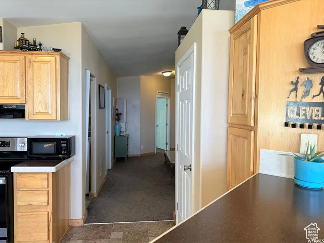 Kitchen with stainless steel electric range oven, light brown cabinetry, black microwave, exhaust hood, and dark colored carpet