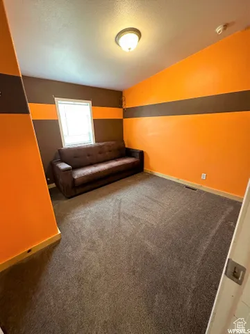 Sitting room with dark carpet and a textured ceiling