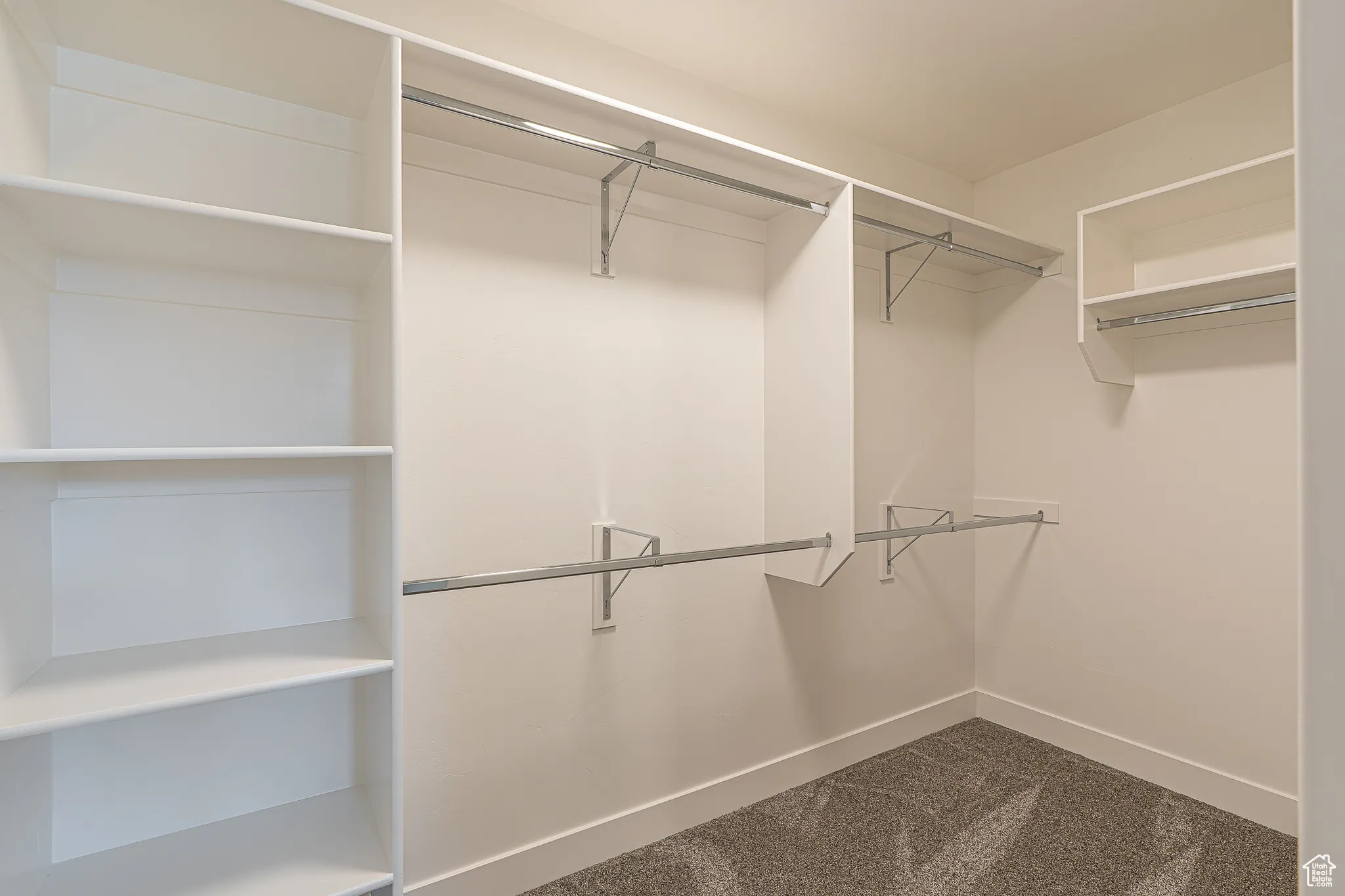 Walk in closet with dark colored carpet