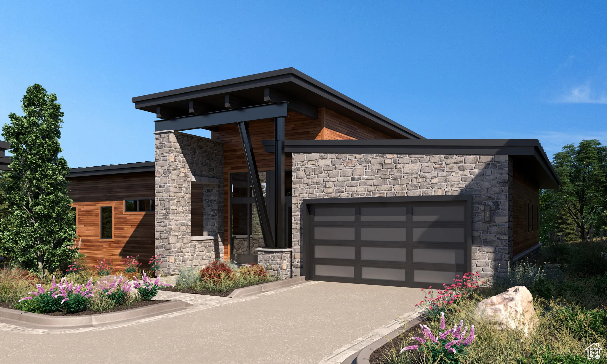 Modern home featuring stone siding, a garage, and driveway - rendering