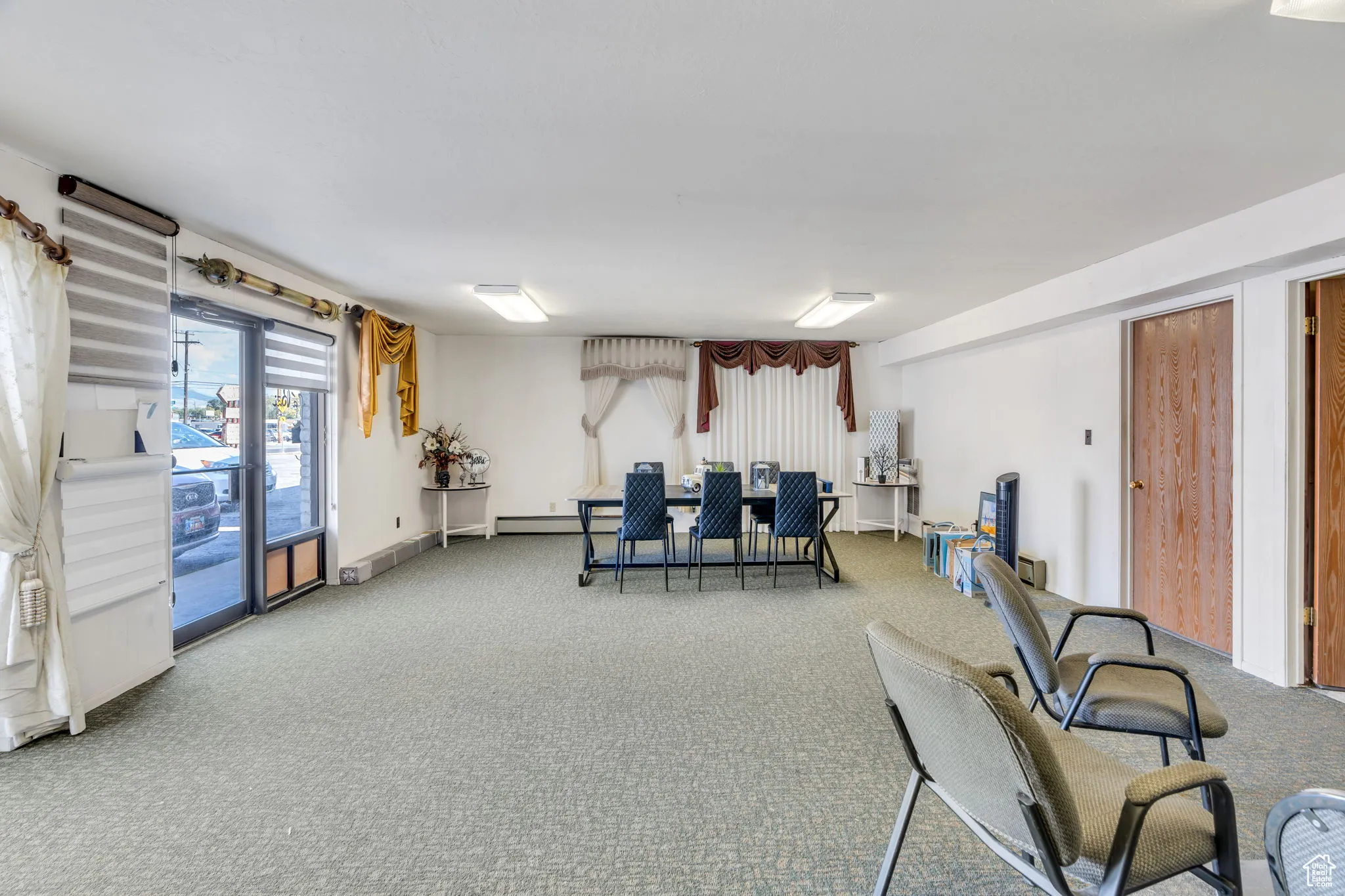 Living area featuring carpet and baseboard heating