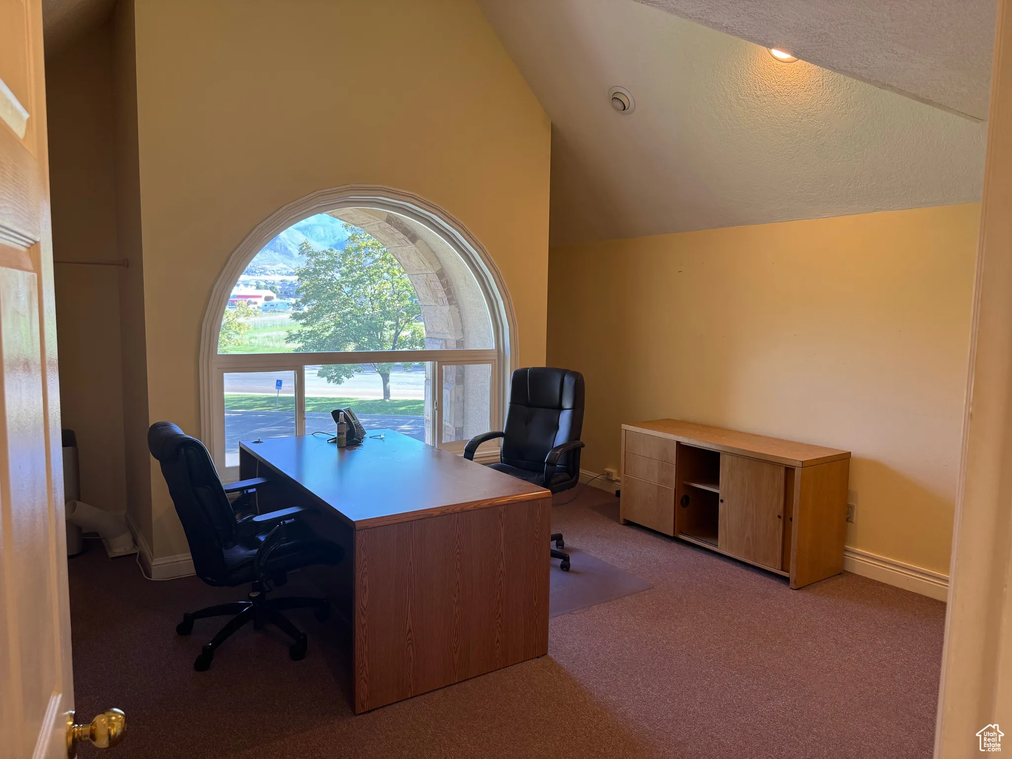 Office with carpet flooring and high vaulted ceiling