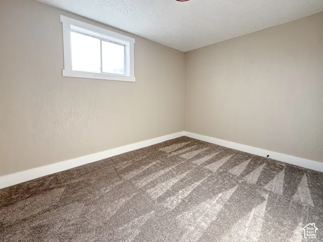 Unfurnished room with a textured ceiling, carpet, and a textured wall