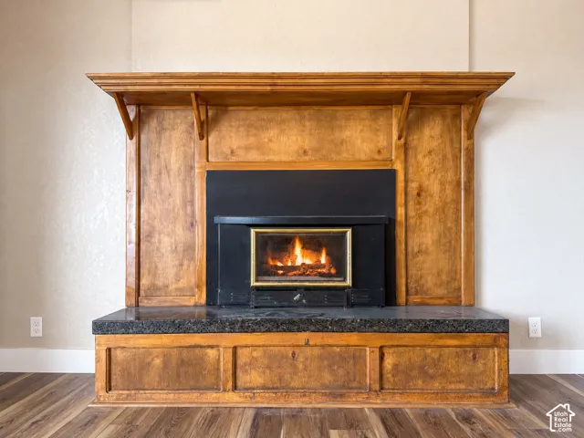 Wood-finish flooring complementing a fireplace with a black surround, gold-toned firebox, and a black stone hearth