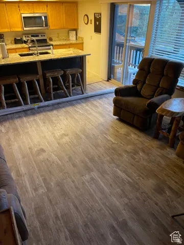 Living room with dark wood-style floors