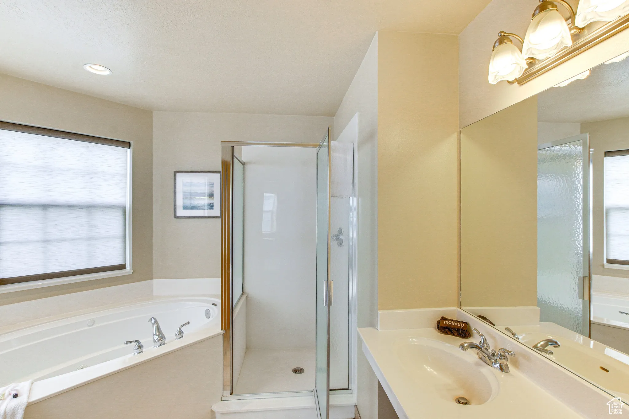 Bathroom featuring healthy amount of natural light, vanity, a bath, and a shower stall