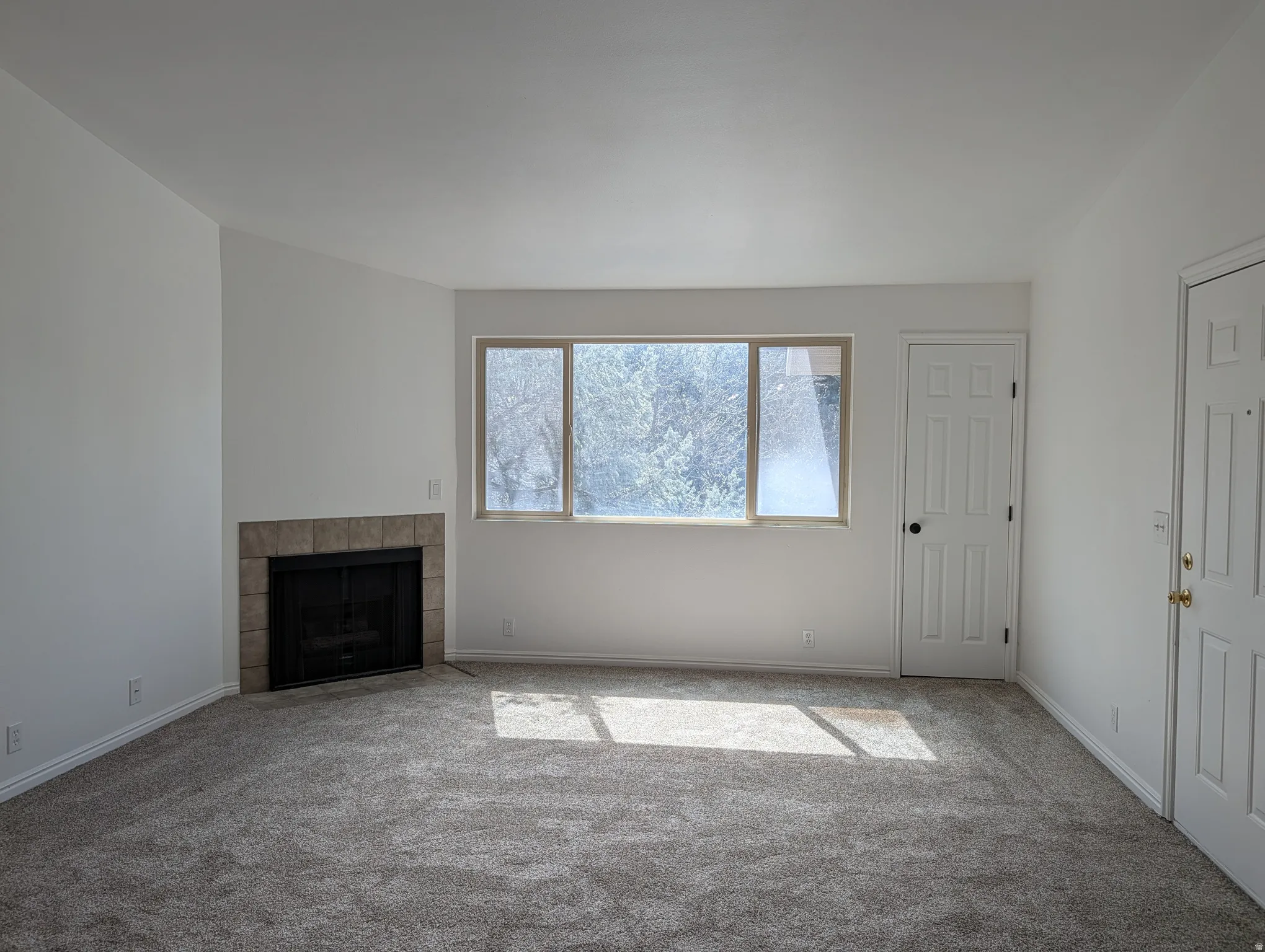 Unfurnished living room featuring a fireplace and carpet