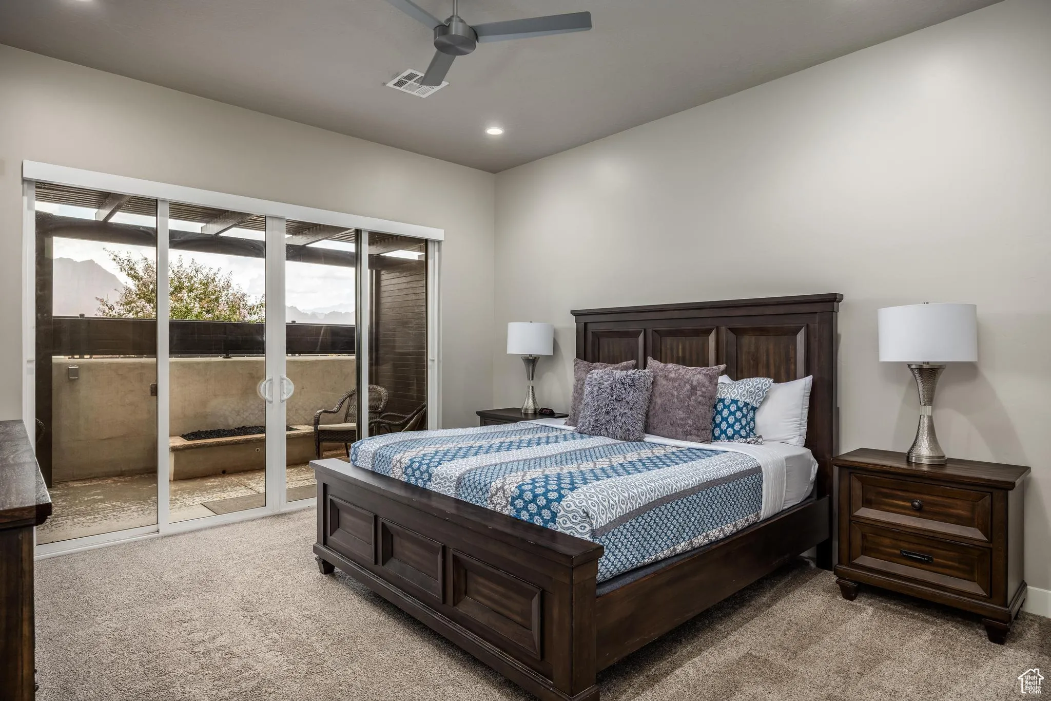 Bedroom featuring access to outside, carpet floors, recessed lighting, and ceiling fan