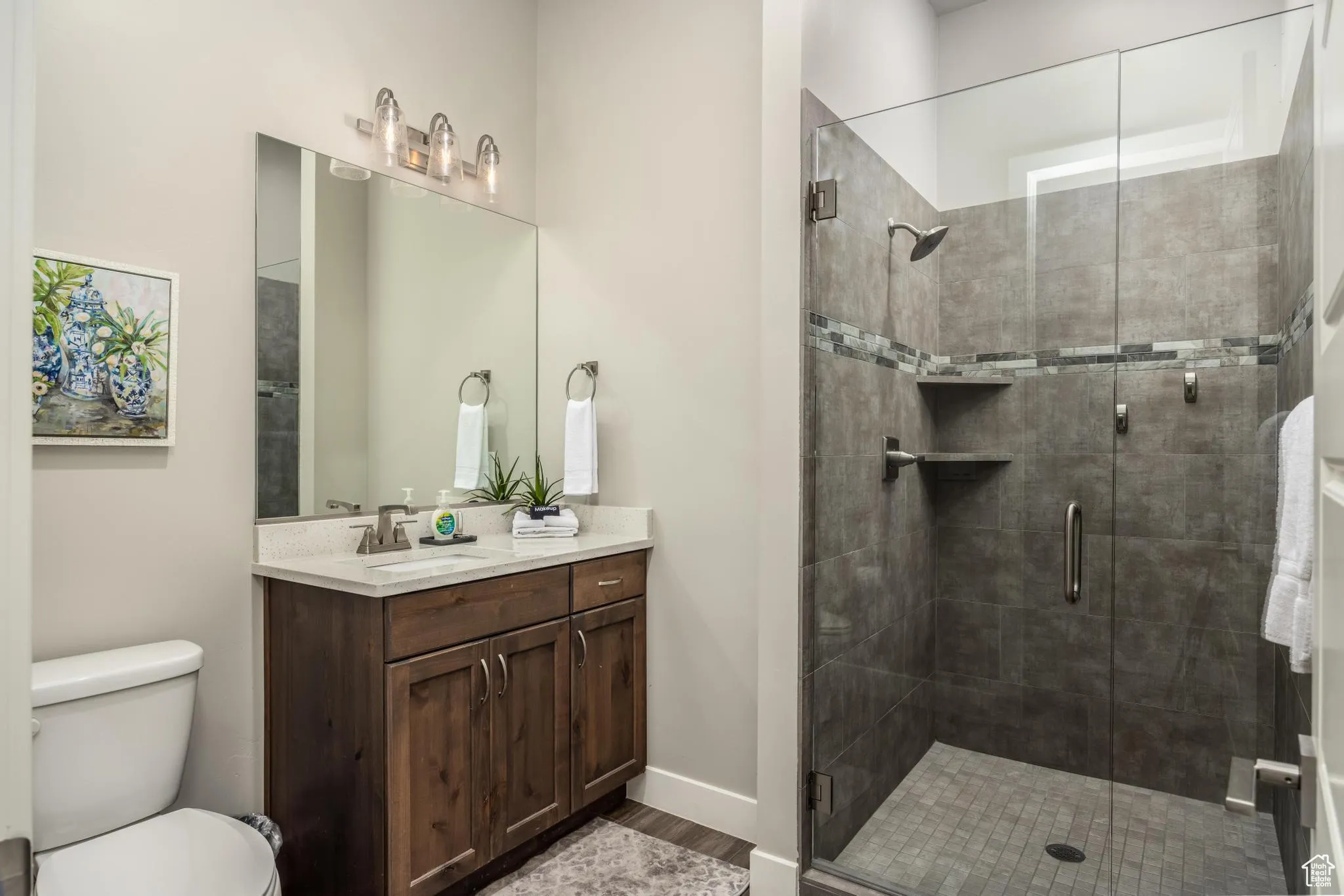 Bathroom with vanity, a stall shower, and dark wood-type flooring