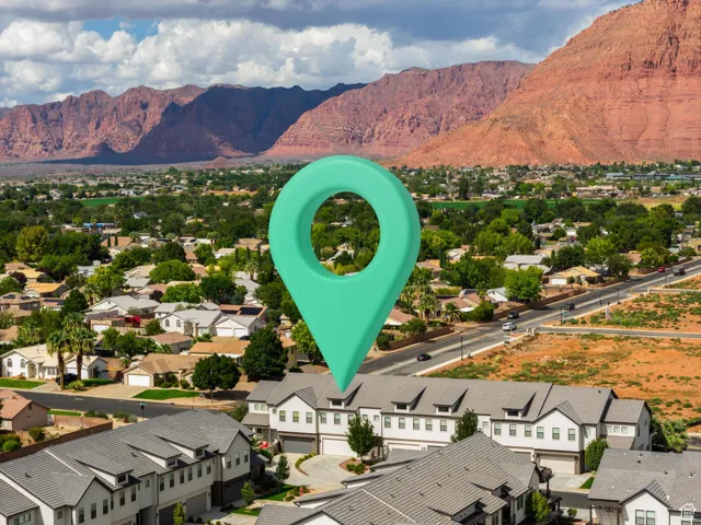 Aerial perspective of suburban area with mountains