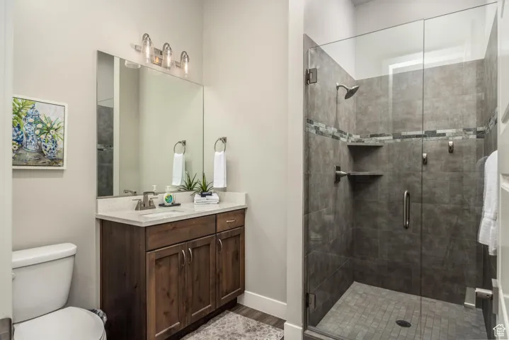 Bathroom with vanity, a stall shower, and dark wood-type flooring