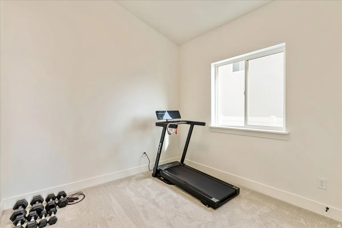 Workout room featuring carpet flooring and vaulted ceiling