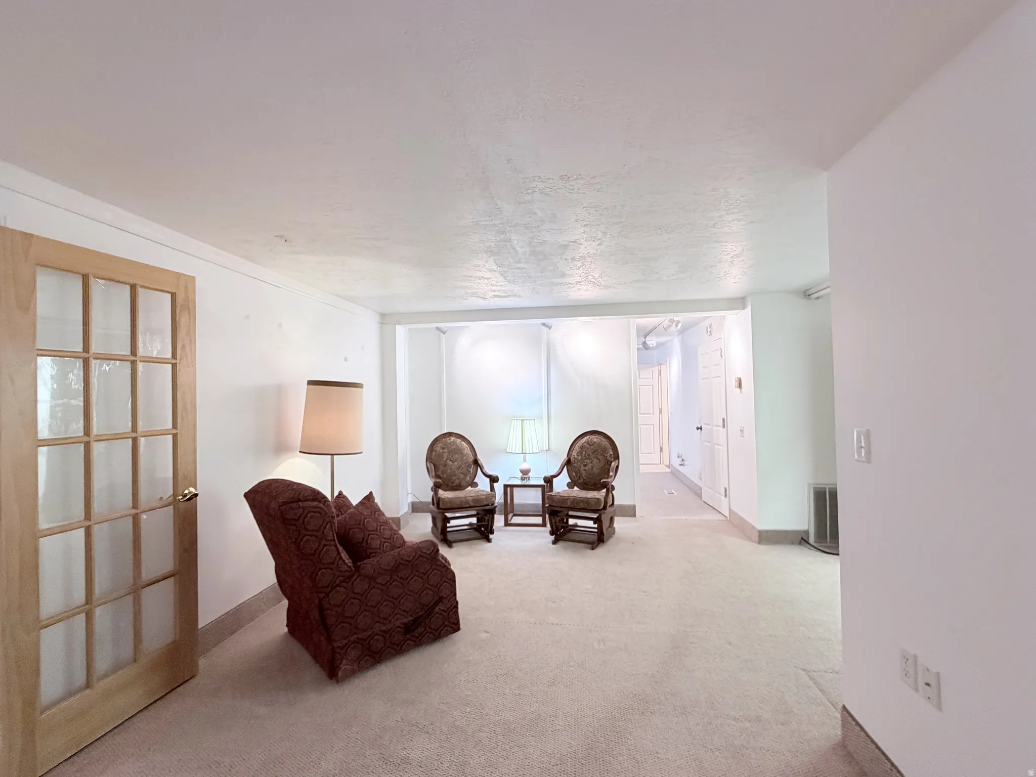 Sitting room with light carpet and a textured ceiling