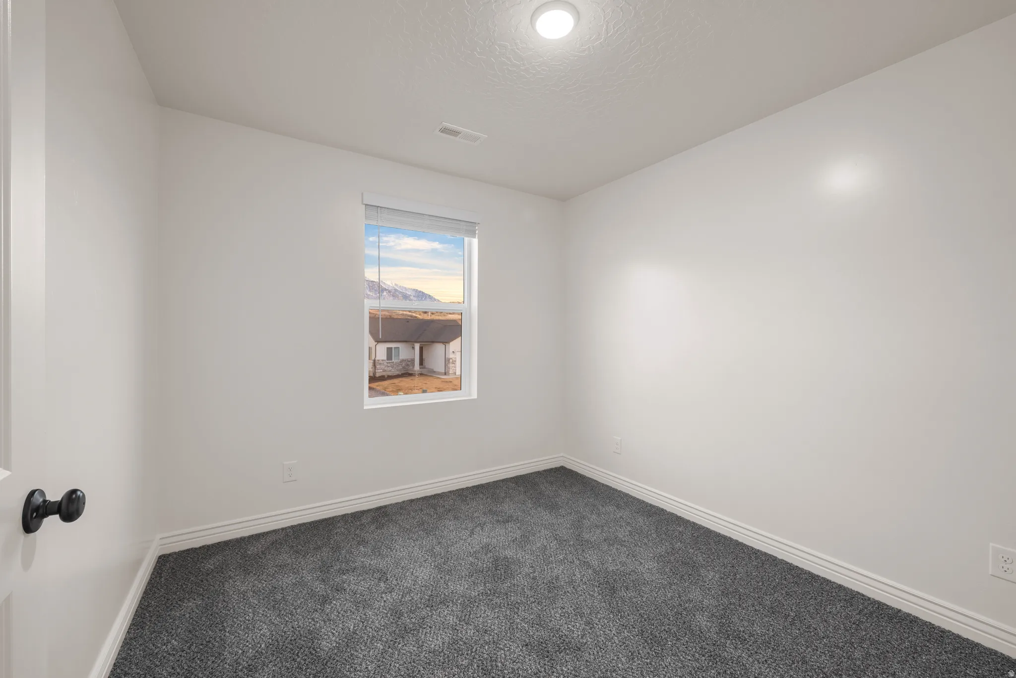 Empty room featuring carpet and a textured ceiling