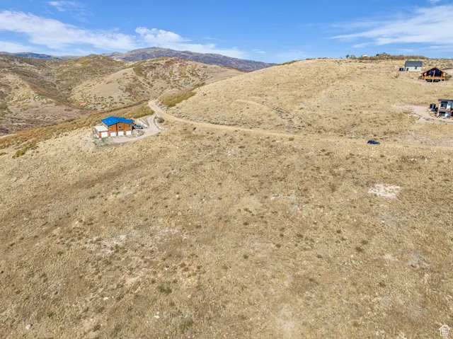 Aerial view of sparsely populated area with a mountain backdrop