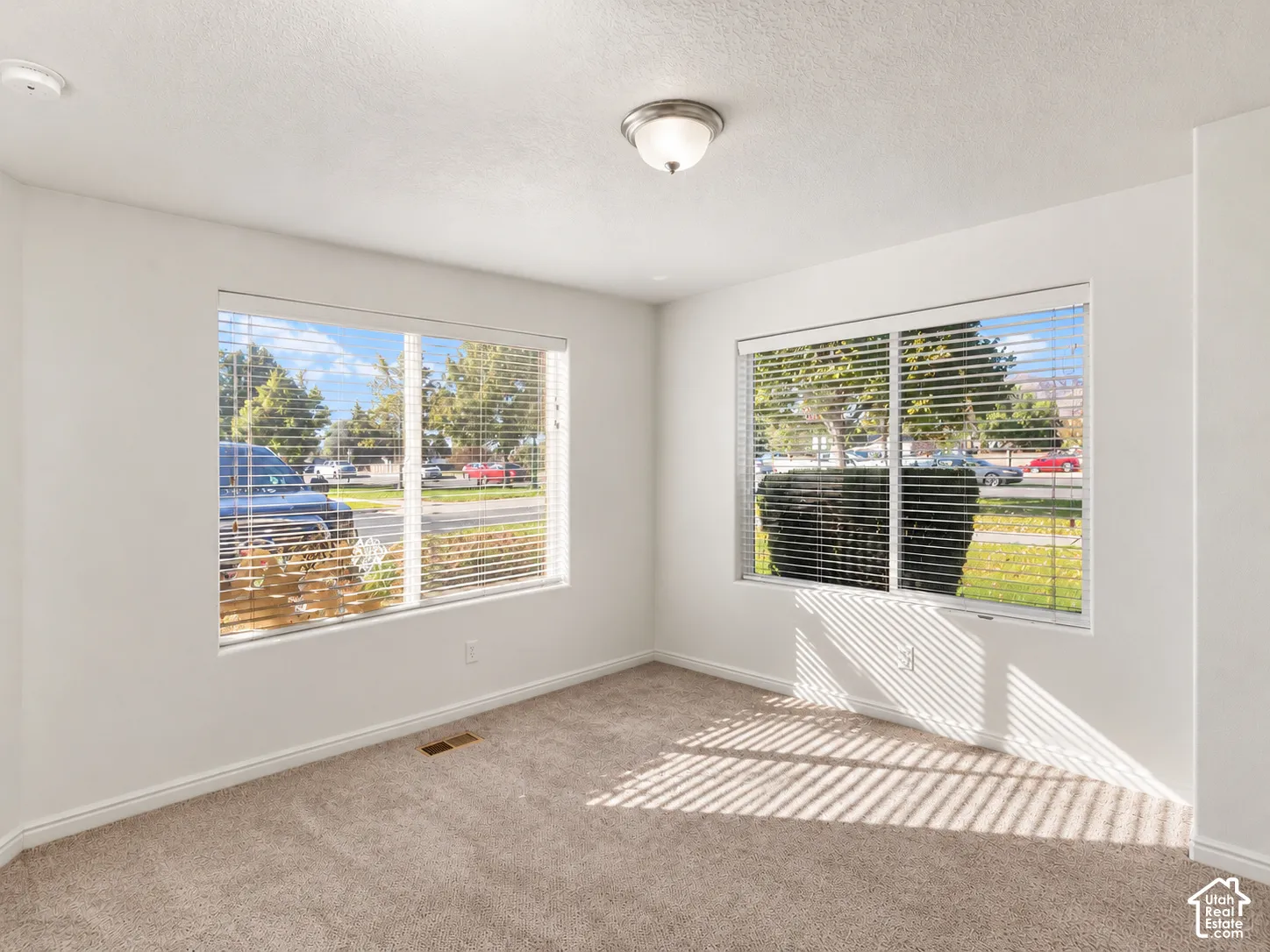 Neutral-toned carpeting, dual oversized windows with horizontal blinds, and a semi-flush mount ceiling fixture