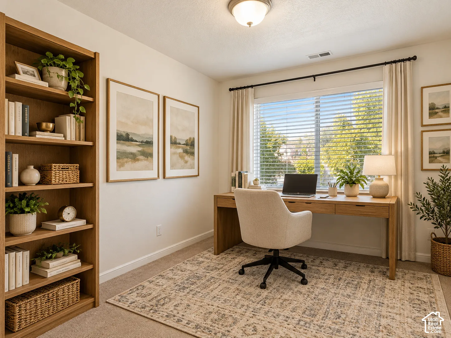 Built-in full-height wood shelving, neutral wall-to-wall carpeting, and large horizontal-pane window with custom drapery hardware